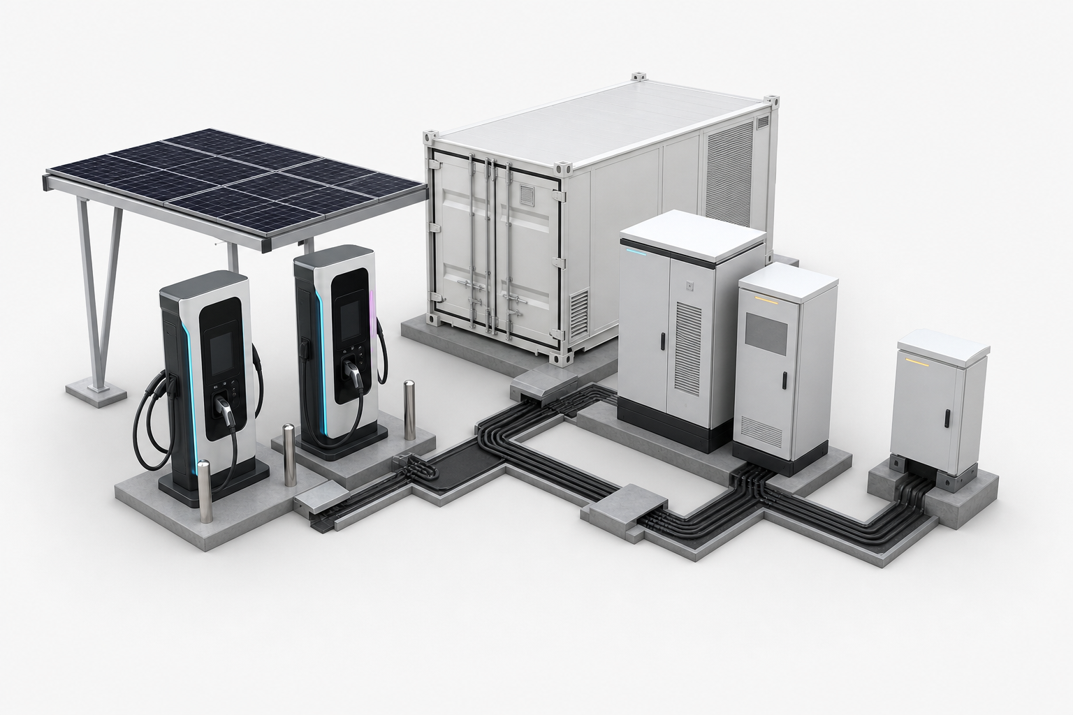 Modular Energy Hub package with high-power chargers, BESS, PV canopy, PCS, and gateway